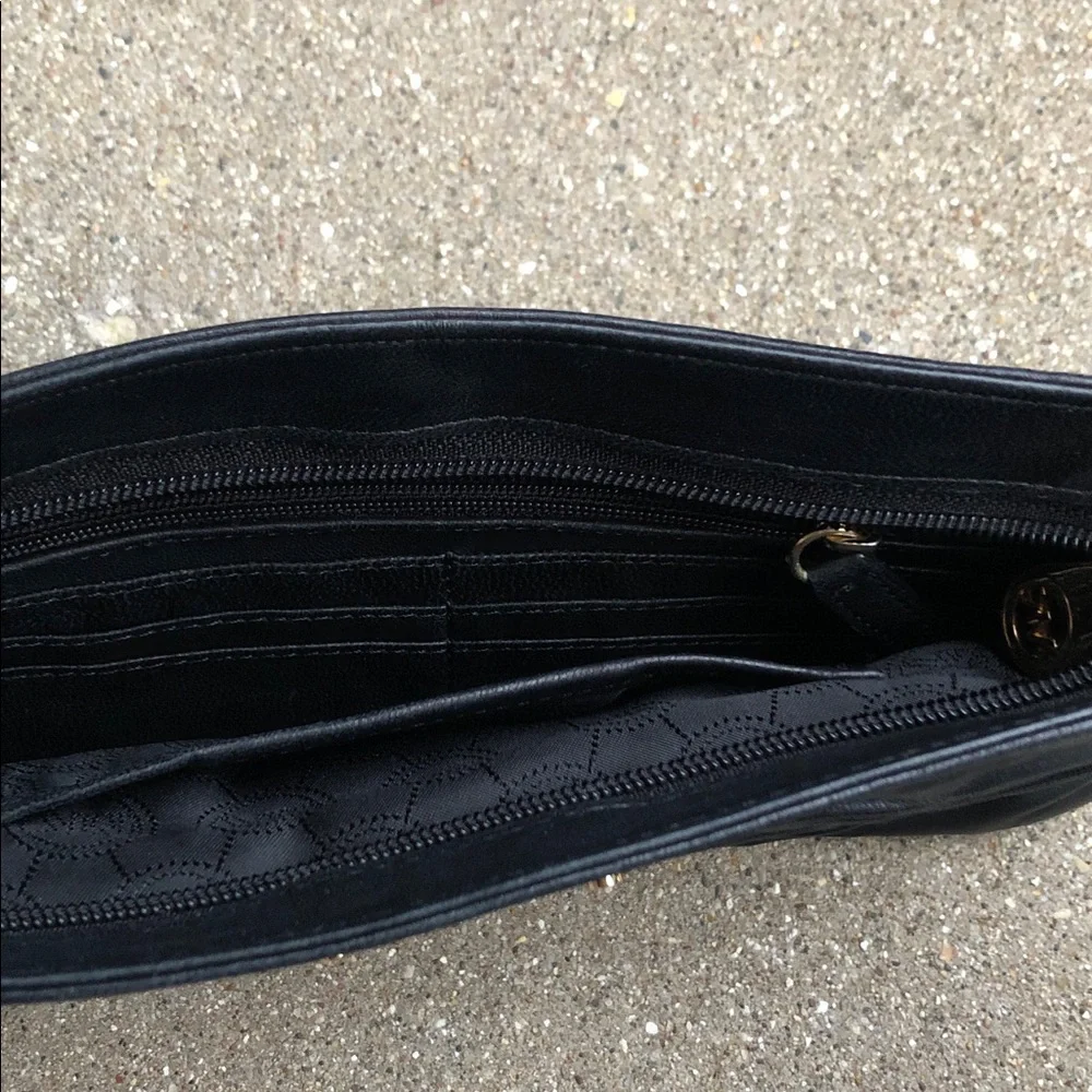 Michael Kors Black Ruched Leather Clutch with Gold Plaque